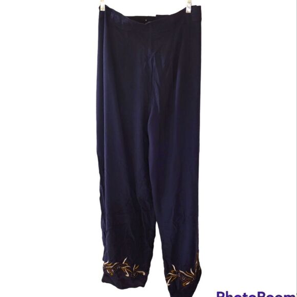 Soft Surroundings Navy Blue Embroidered Wrap Pants Wide Leg Palazzo,… - Picture 2 of 9